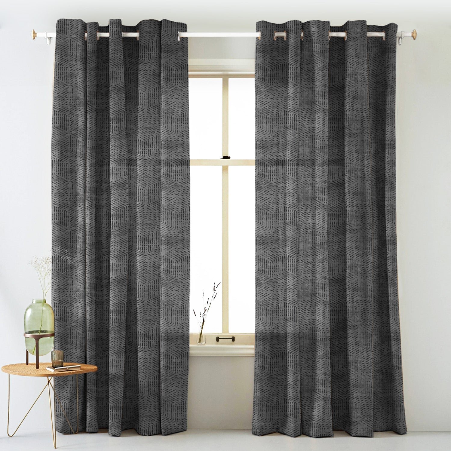 Elegent Geometric Print Matt Finish Room Darkening Curtain Set of 2 MTDS527D