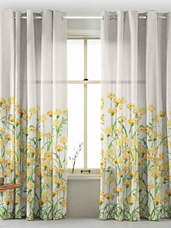 Marigold Bliss Floral Sunshine Yellow Matte Finish Room Darkening Curtains Set Of 2 - (DS551)
