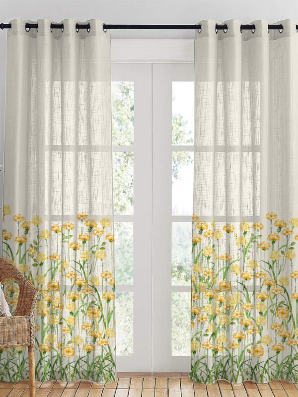 Marigold Bliss Floral Linen Sheer Curtain Set Of 2 DS551