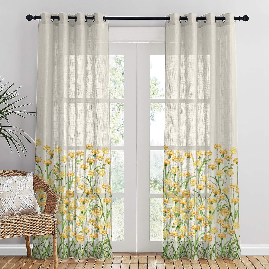 Marigold Bliss Floral Linen Sheer Curtain Set Of 2 DS551