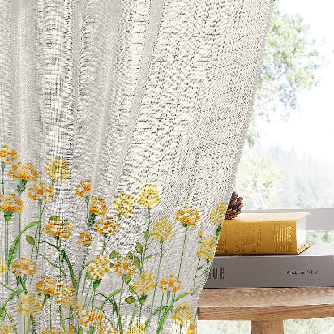 Marigold Bliss Floral Linen Sheer Curtain Set Of 2 DS551 - Image 5