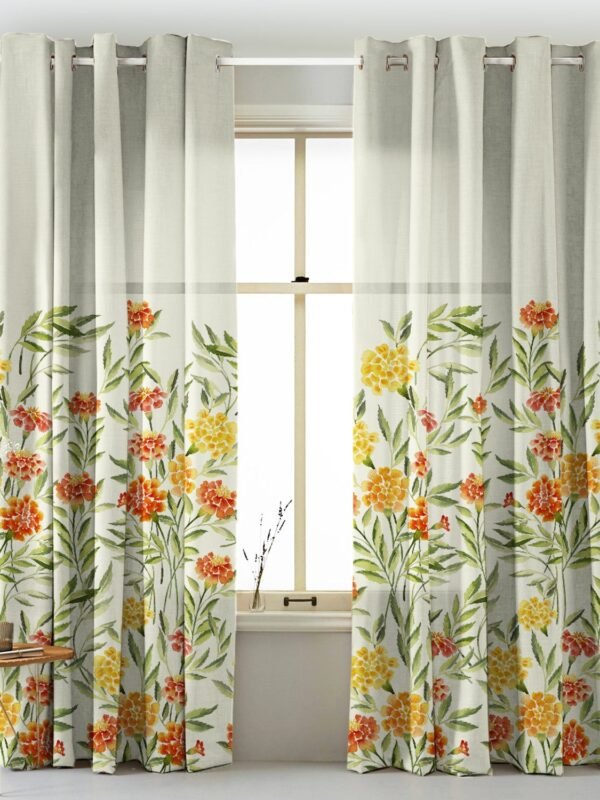 Sun-kissed Marigold Floral Saffron Yellow Matte Finish Room Darkening Curtains Set Of 2 - (DS554)