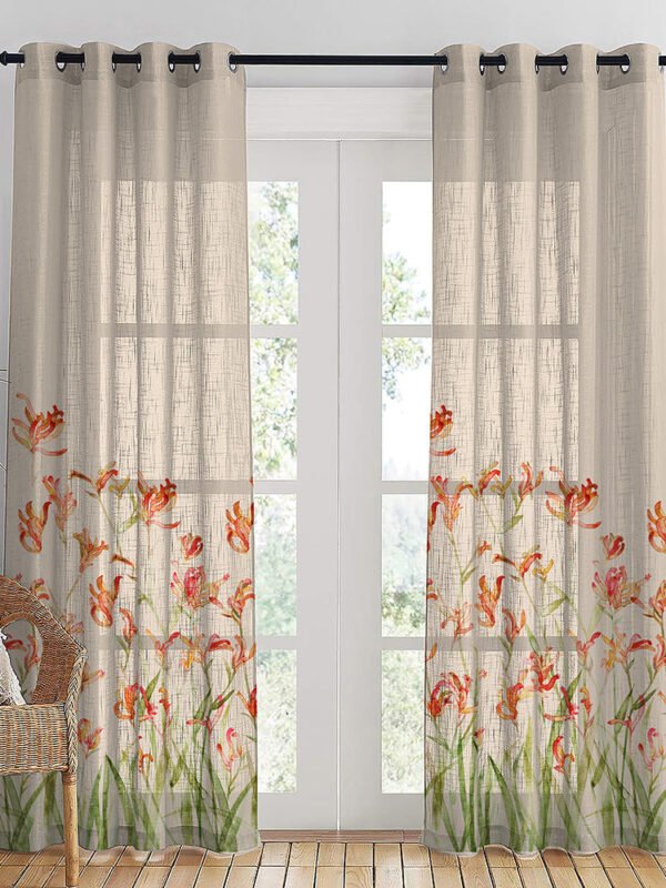 Petal Whispers Floral Linen Sheer Curtain Set Of 2 DS555