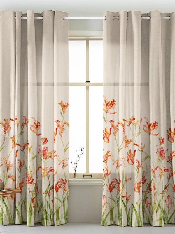 Petal Whispers Floral Tangerine Orange Matte Finish Room Darkening Curtains Set Of 2 - (DS555)