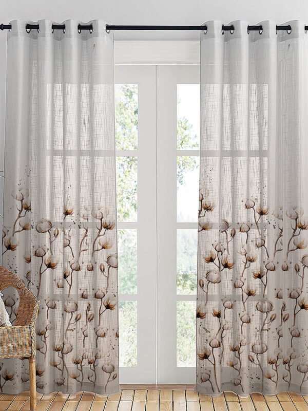 Cotton Blossom Floral Linen Sheer Curtain Set Of 2 DS556