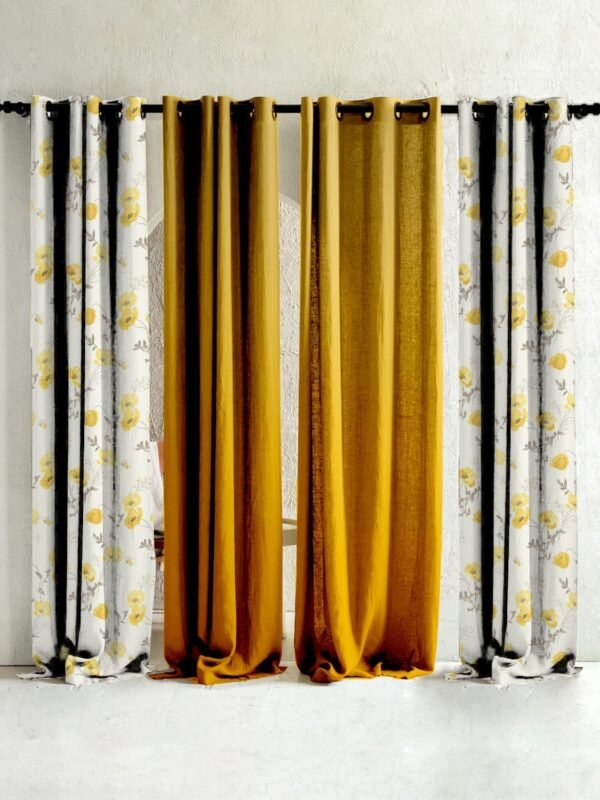 Elegant Floral & Ombre Print Combination Room Darkening Curtains - Set Of 4 Door Curtain (133ALINES3) - Yellow & Cream
