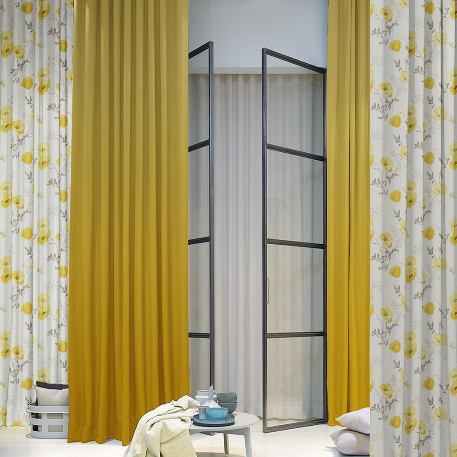 Elegant Floral & Ombre Print Combination Room Darkening Curtains - Set Of 4 Door Curtain (133ALINES3) - Yellow & Cream - Image 2