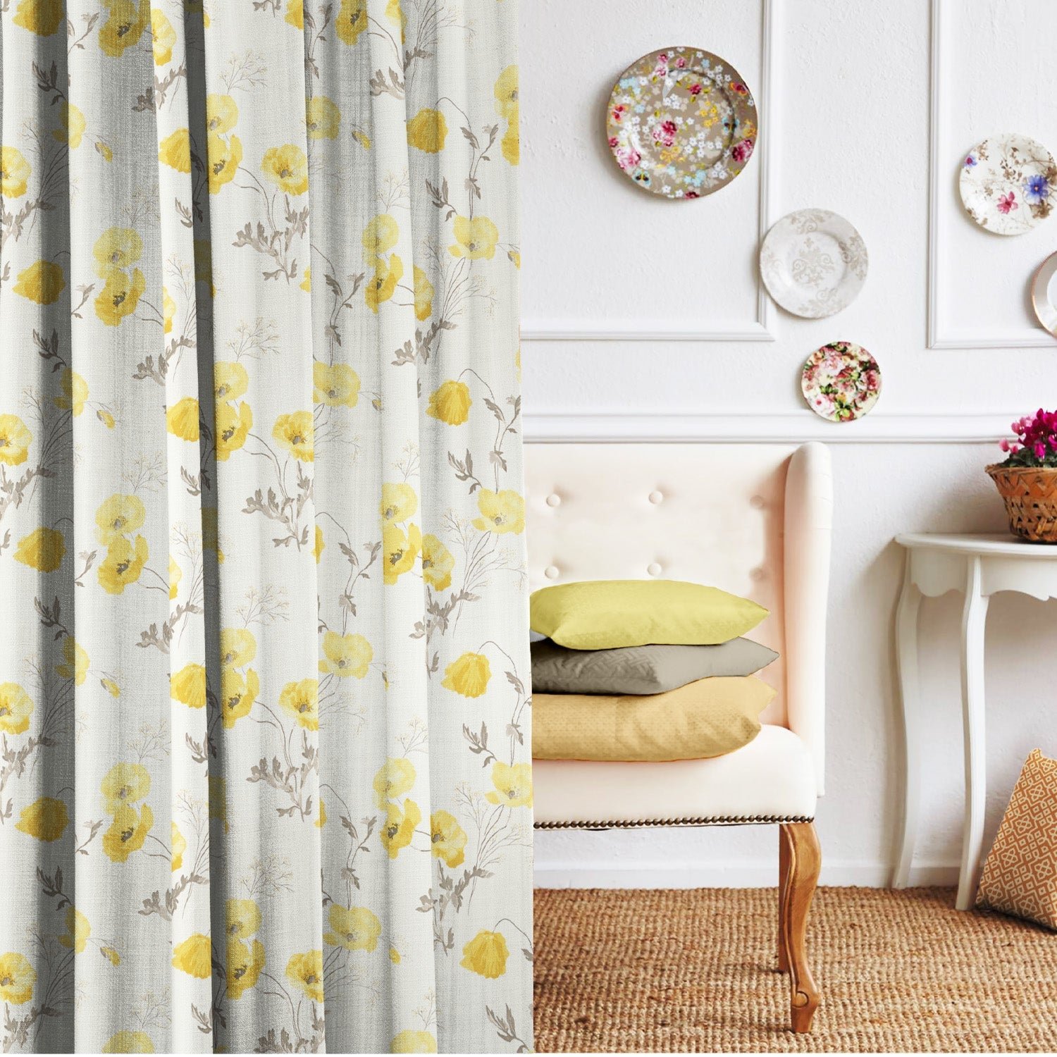 Elegant Floral & Ombre Print Combination Room Darkening Curtains - Set Of 4 Door Curtain (133ALINES3) - Yellow & Cream - Image 3