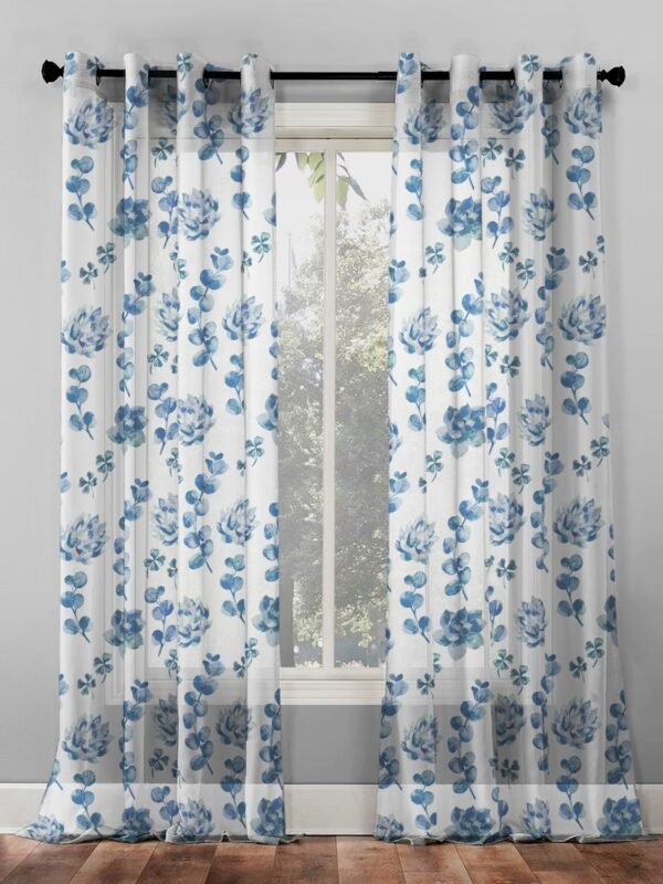 Elegant Floral Print Sheer Semi Transparent Curtain - Set of 2 -DS19C1