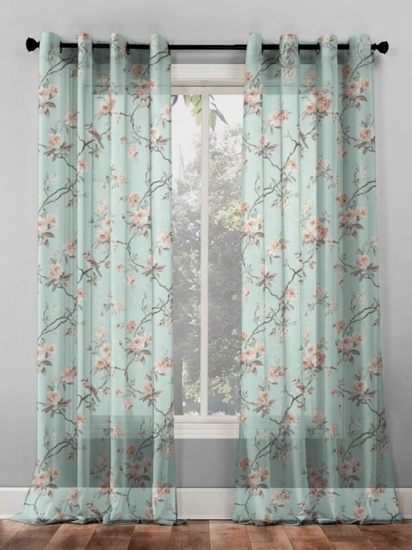 Elegant Floral Print Sheer Semi Transparent Curtain - Set of 2 -DS207A