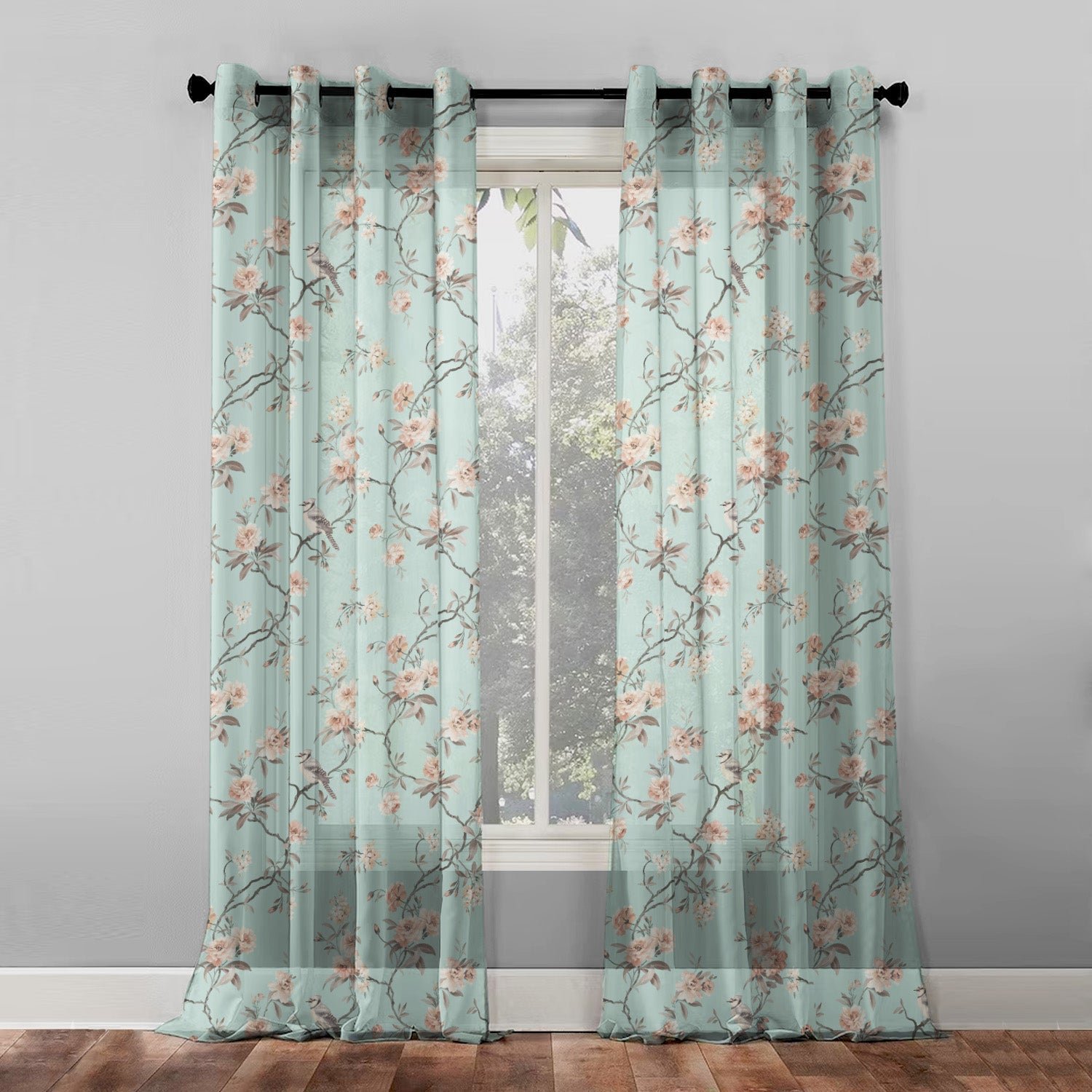 Elegant Floral Print Sheer Semi Transparent Curtain - Set of 2 -DS207A