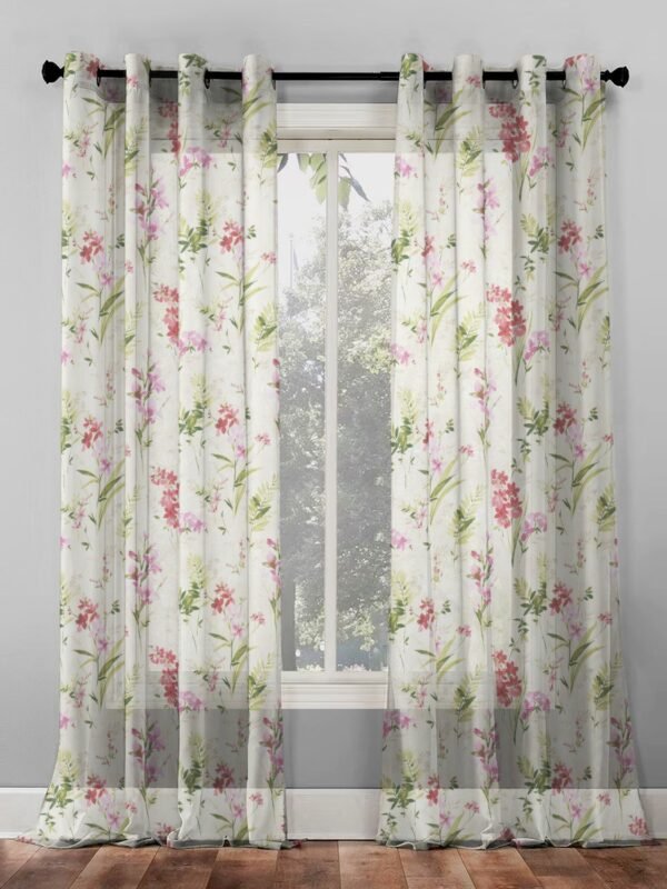 Elegant Floral Print Sheer Semi Transparent Curtain - Set of 2 -DS260A1