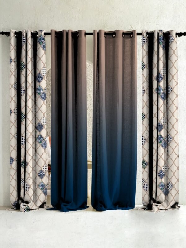 Elegant Ethnic & Ombre Print Combination Room Darkening Curtains - Set Of 4 Door Curtain (452AMR2) - Blue & Cream