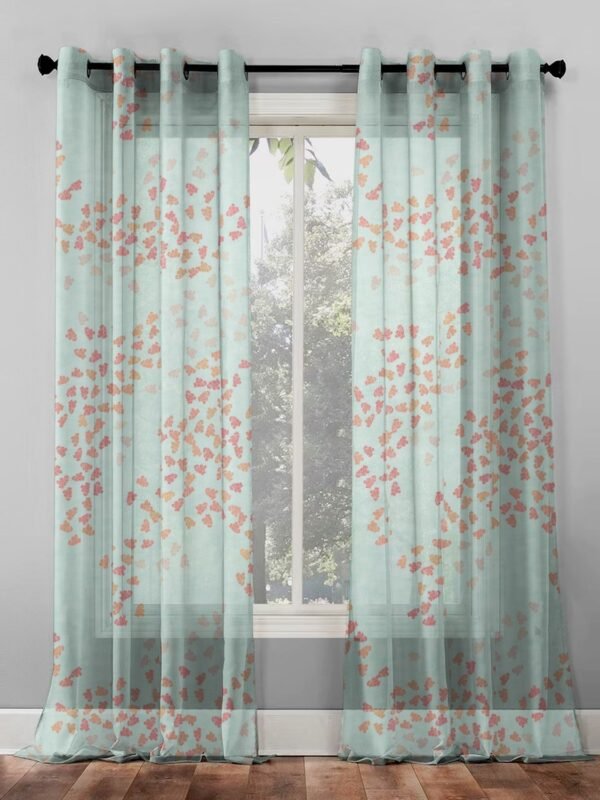 Elegant Floral Print Sheer Semi Transparent Curtain - Set of 2 -DS500C1