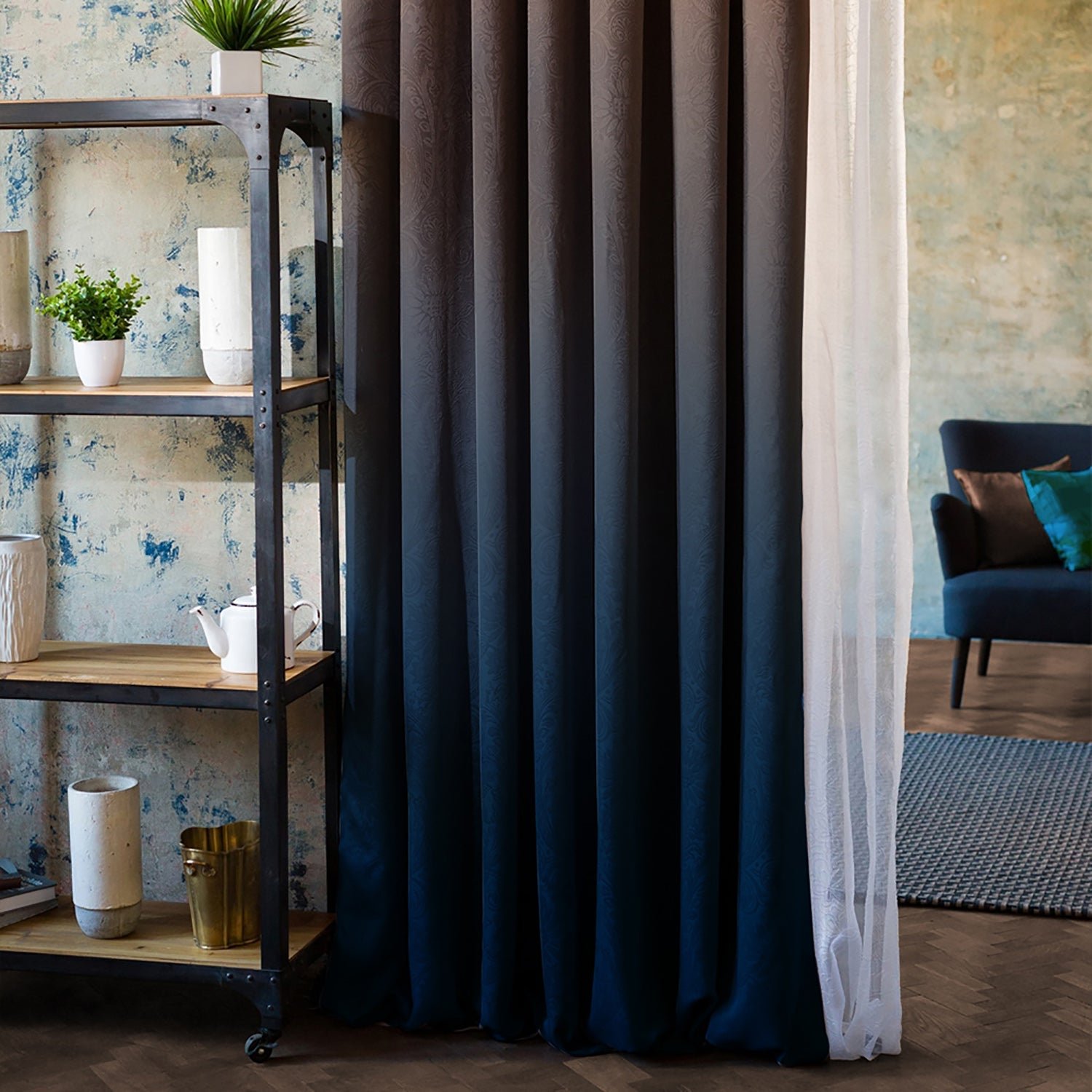 Ombre Blue Heavy Satin Blackout Curtains Set Of 2 - (MRCN2) - Image 3